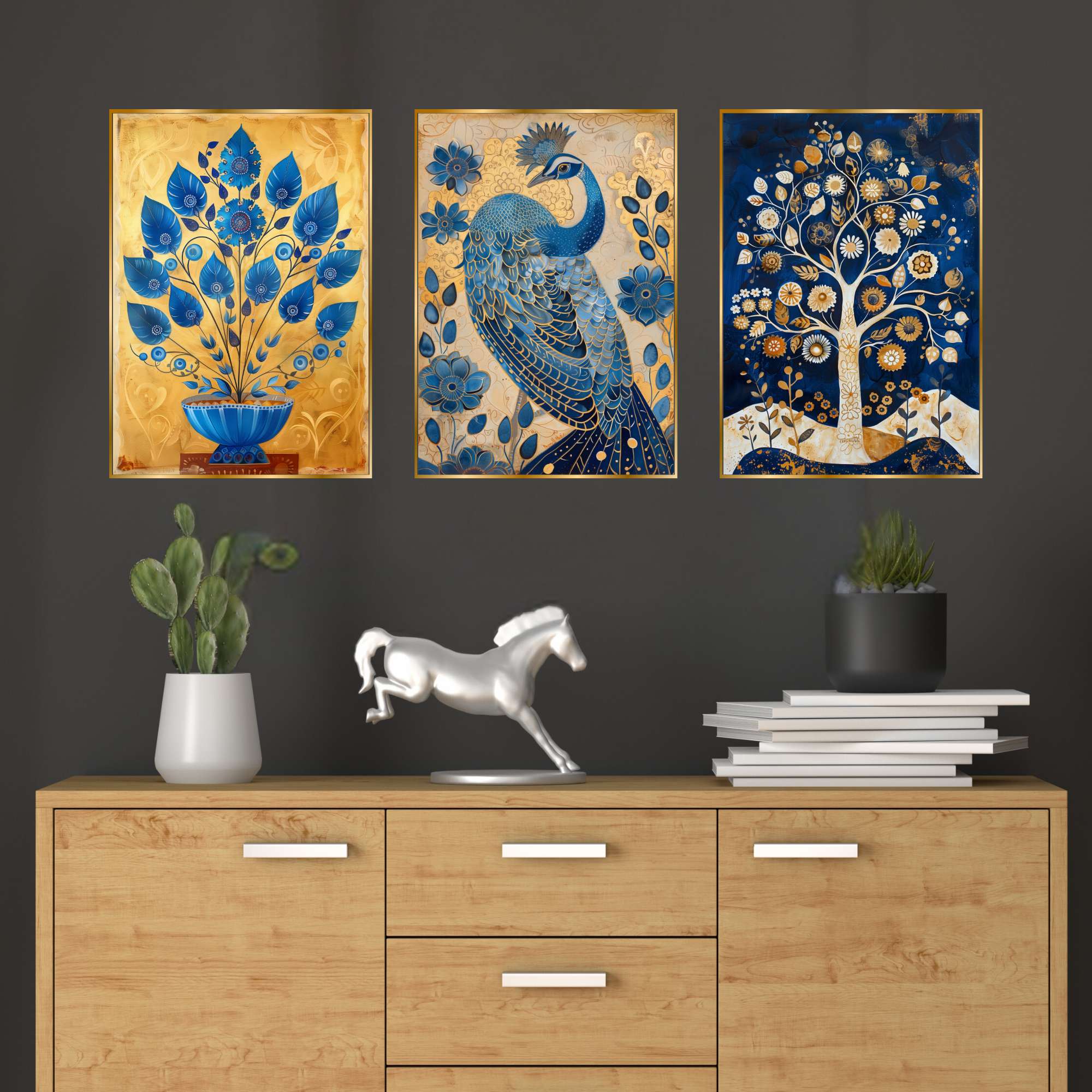 Set of Three Wall Paintings for Wall Dacoration Golden Framed Wall Paintings for Living Room & Bedroom Wall Art for Home Decoration & Office Wall Décor (24x18 inch CH-GD3-14)