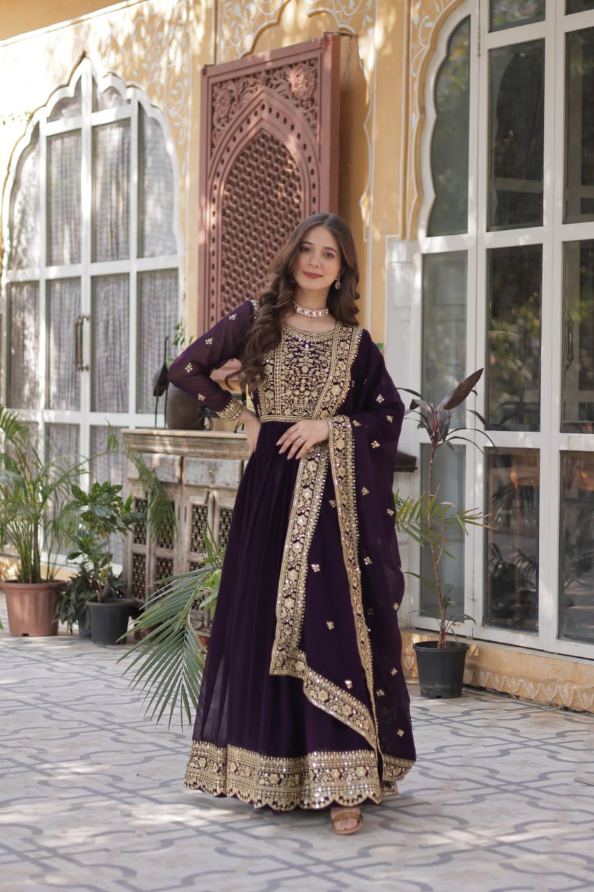 Women's Cotton Embroidered Anarkali Gown with Dupatta - Image 14