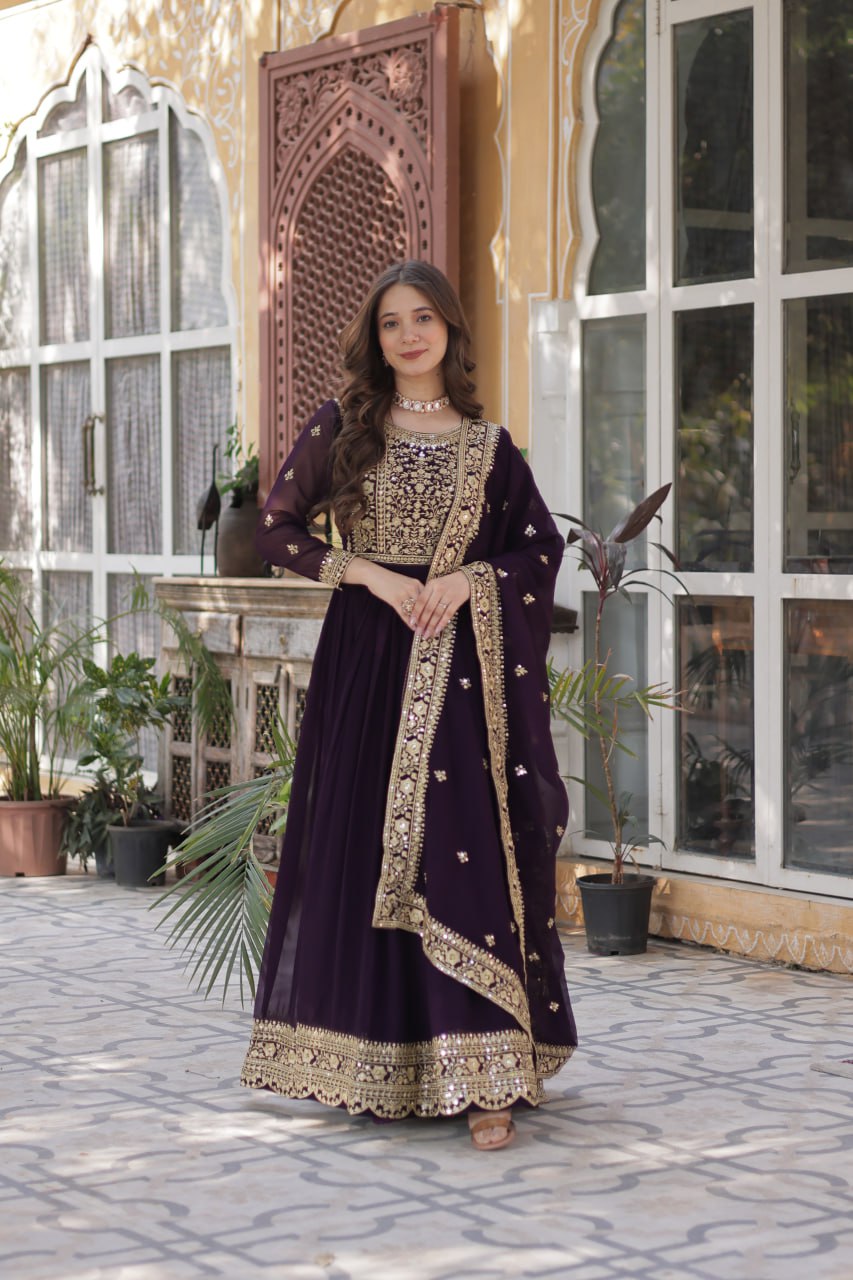 Women's Cotton Embroidered Anarkali Gown with Dupatta - Image 15