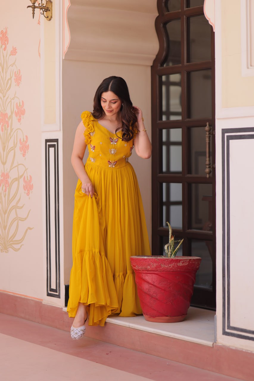 Women's Cotton Embroidered Flared Long Gown With Ruffle Sleeves - Image 17
