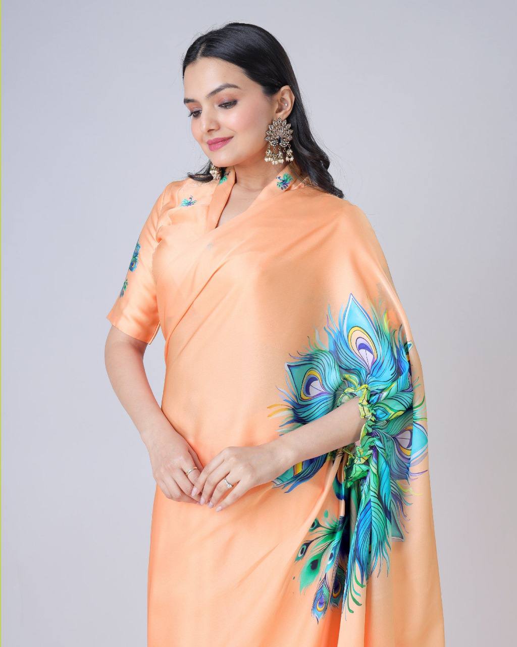 Women's Vibrant Lemon Yellow Satin Silk Kaftan Saree with Multi-Color Digital Print Yoke & Border Design - Image 2